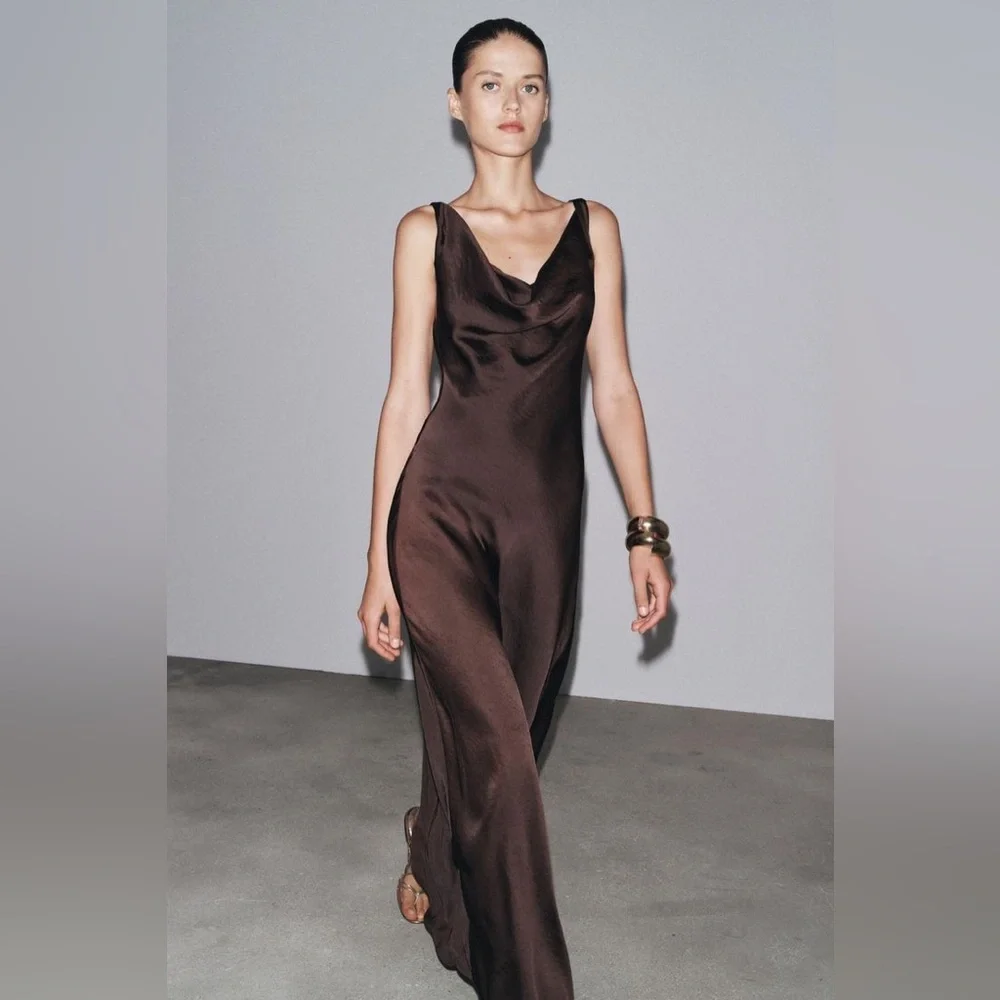 Zara | Dresses | Zara Zw Collection Dark Brown Satin Gown Maxi Evening  Party Cocktail Dress | Poshmark